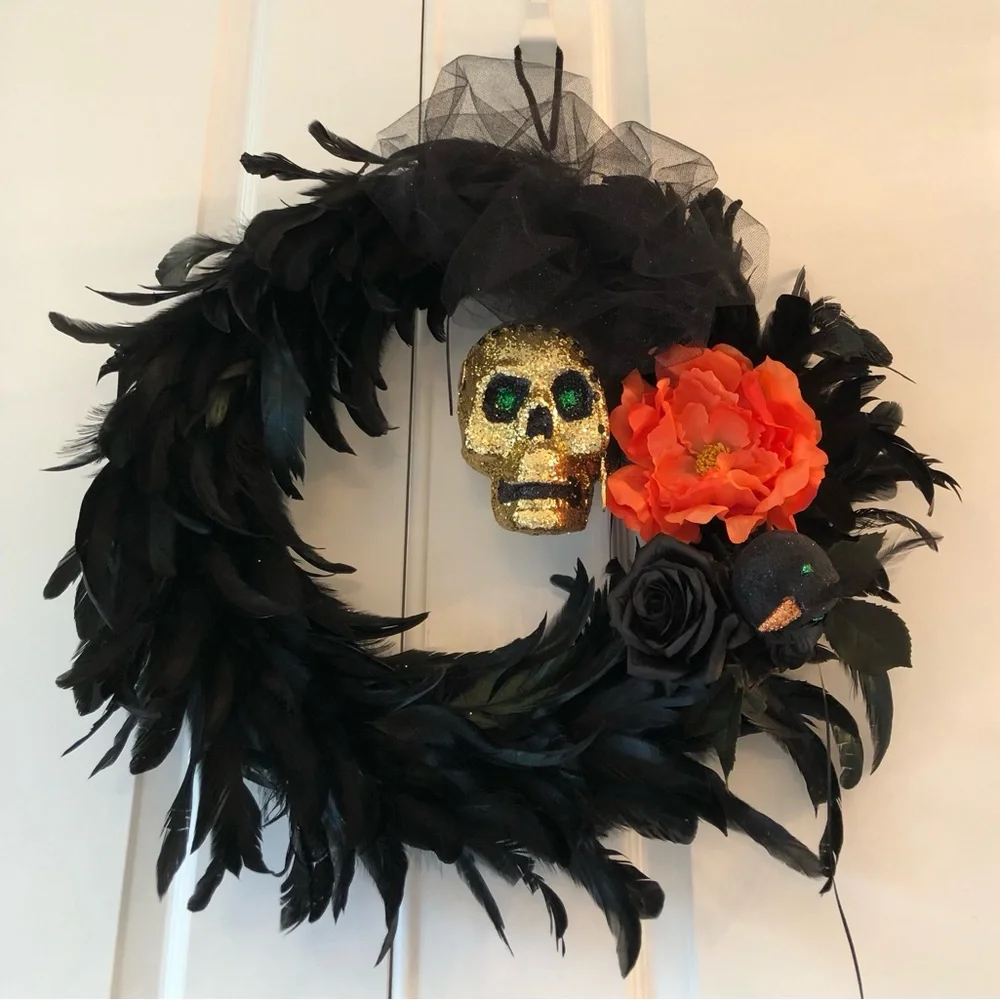 Halloween El Dia de los Muertos black feather wreath skull blackbird flowers 24